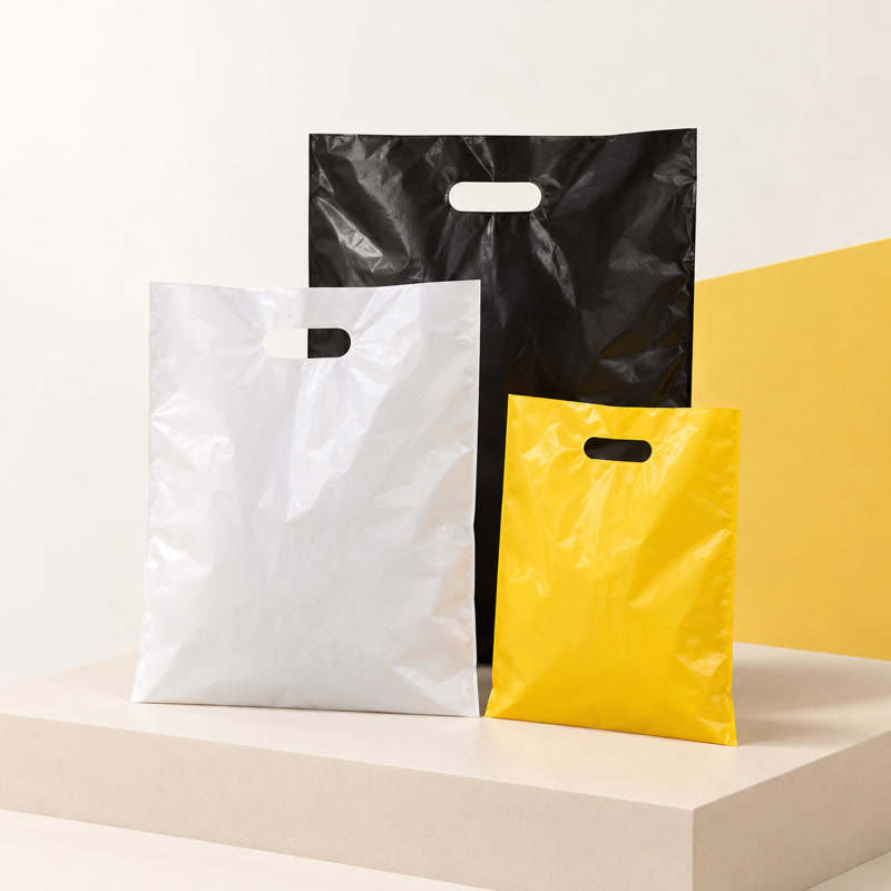 Composição ilustrativa de sacolas boca de palhaço pretas, brancas e amarelas