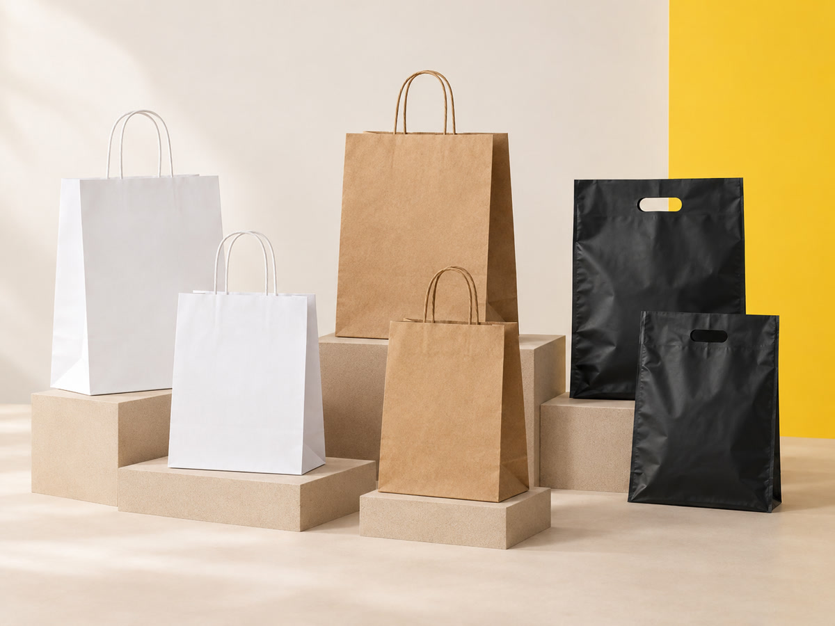 Composição ilustrativa de sacolas de papel brancas, kraft e plásticas pretas em um cenário claro