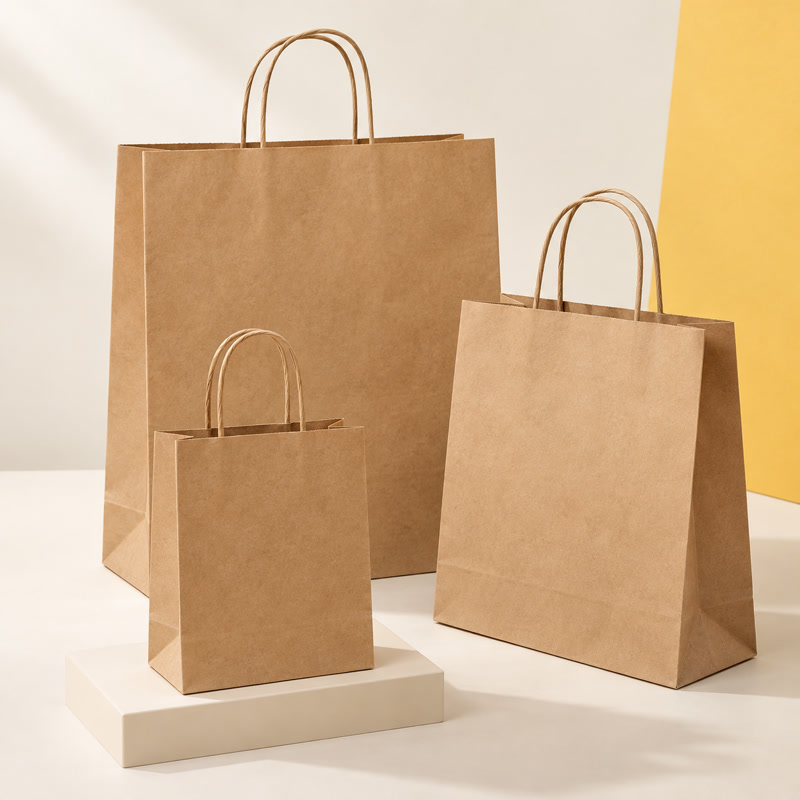 Composição ilustrativa de sacolas de papel kraft com alça torcida