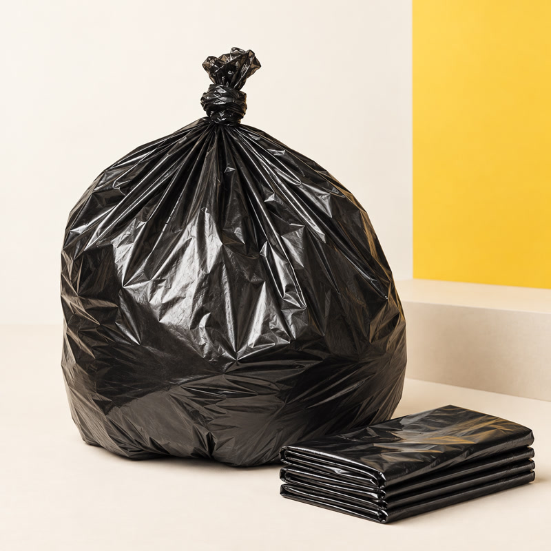 Composição ilustrativa de um saco de lixo preto e sacos dobrados