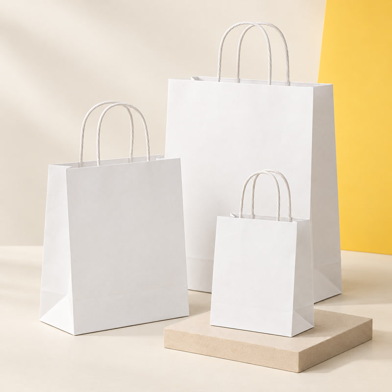 Composição ilustrativa de sacolas brancas de papel com alça torcida