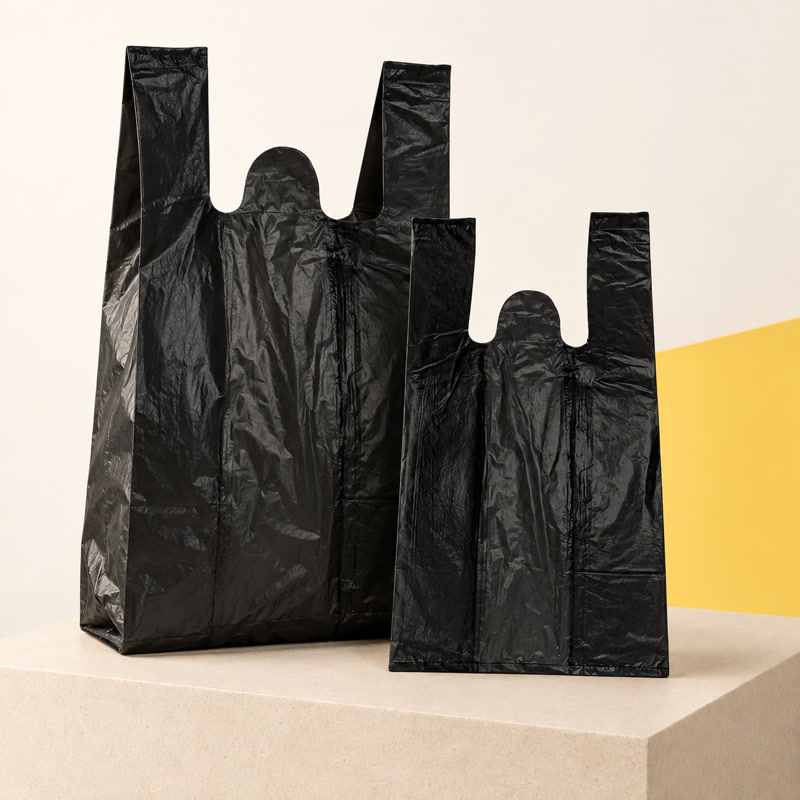 Composição ilustrativa de sacolas plásticas pretas com alça camiseta